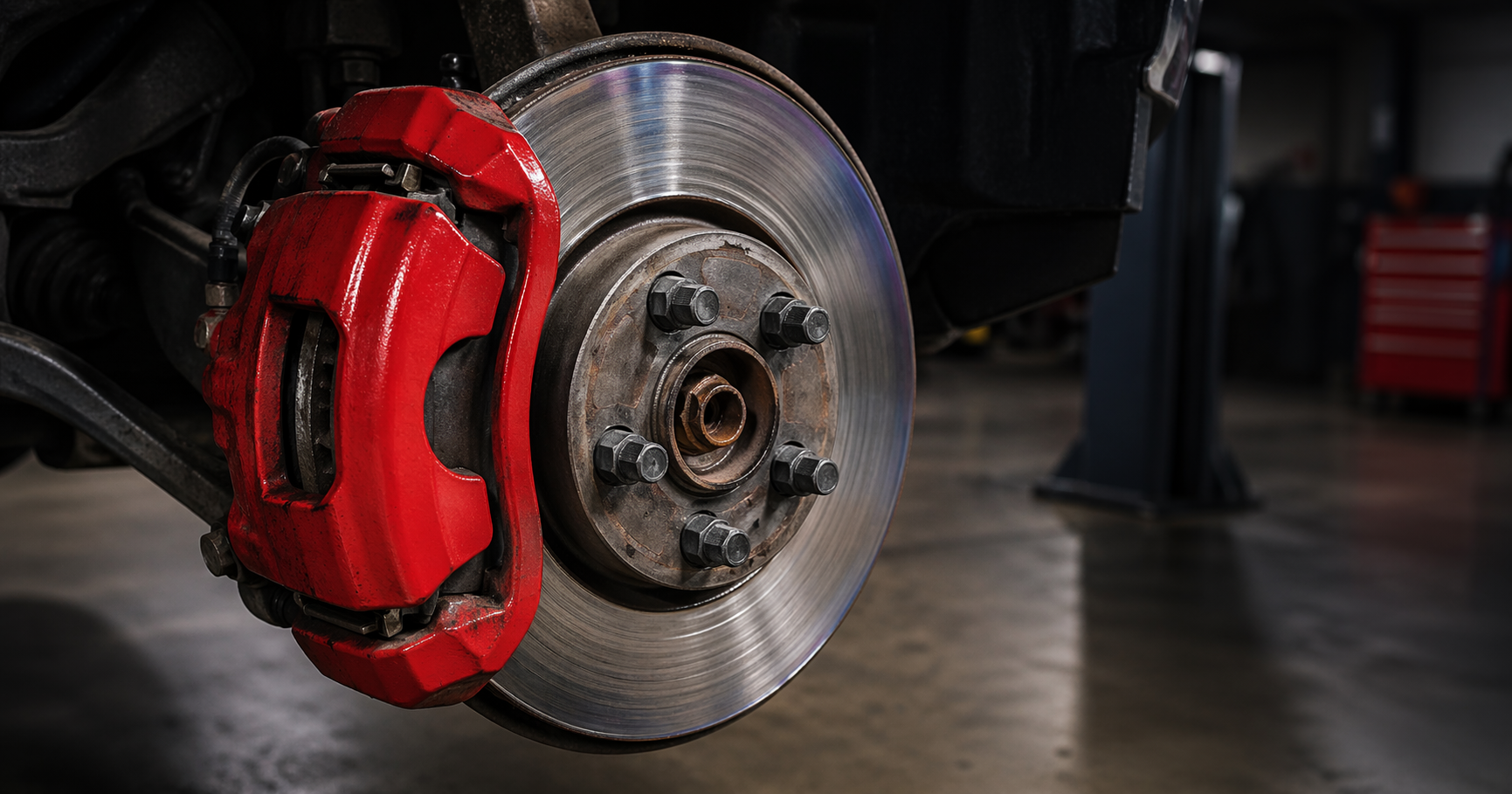 Labeled disc brake assembly showing caliper, rotor, brake pads, hub, and brake line — CTR Repair Concord NC